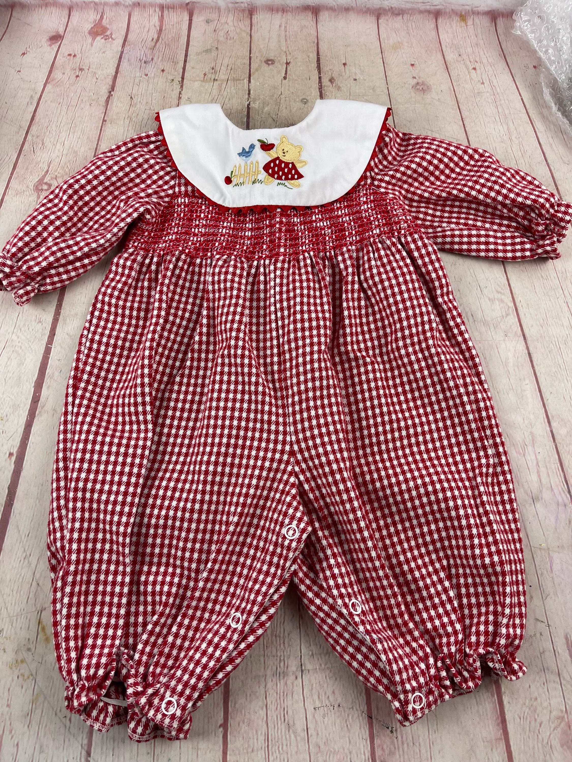 Vintage 1990's Era Baby Togs Size 3-6 Months Red & White Check Poly Cotton Blend Romper Bear & Bluebird On Collar