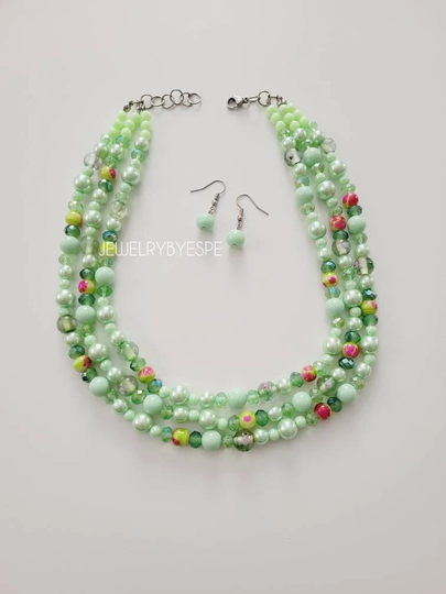 Green Crystal Statement Necklace Mint Chunky Pearl Layered Necklaces For Women Multi Strand Wedding Jewelry Summer Gifts