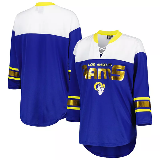 Women's G-III 4Her by Carl Banks Royal/White Los Angeles Rams Double Team 3/4-Sleeve Lace-Up T-Shirt, Size: XL, Blue