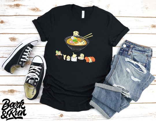 Labrador Shirt, 100% Cotton, Unisex. Sushi & Ramen Chubby Style Art To Choose From Yellow, Chocolate Or Black Lab. Kawaii By Bark&run
