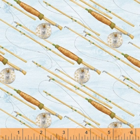 Fishing Cotton Fabric By The Yard - Gone Rods Aqua Windham Fabrics 50383-1