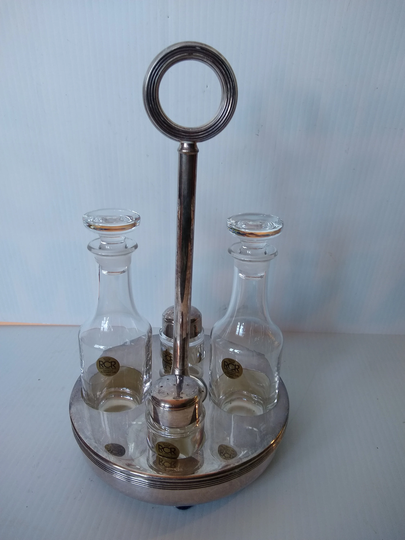 Silverplate Rcr Italy Lead Crystal Cruet Set Oil & Vinegar W Salt Pepper Shaker Set, Vintage New Royal Rock Italia