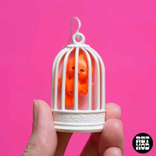 Adorable Vintage 70S Deadstock Avon Neon Orange Bird in A Cage Brooch Original Box