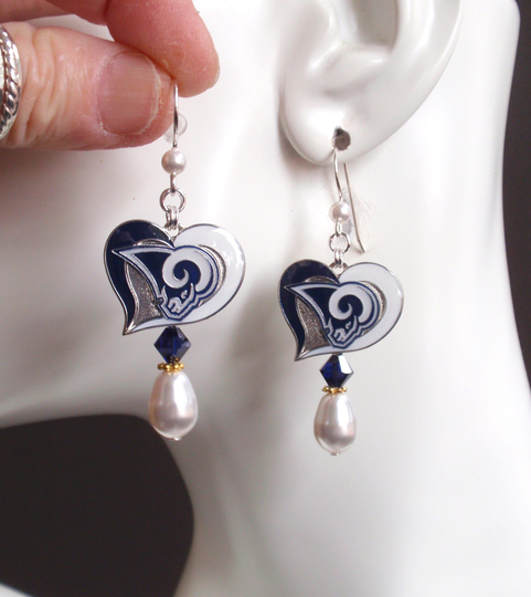 La Rams White Pearl Navy Crystal Ss Ear Wires Earrings