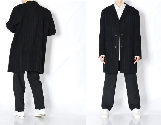 Y2K Black Striped Minimalist Grunge Wool Blend Coat Mens Formal Overcoat Size Xl