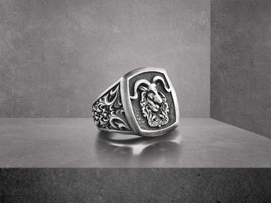 Aries Ram Head Sterling Silver Signet Men Ring, Handmade Engraved Square Animal Ring