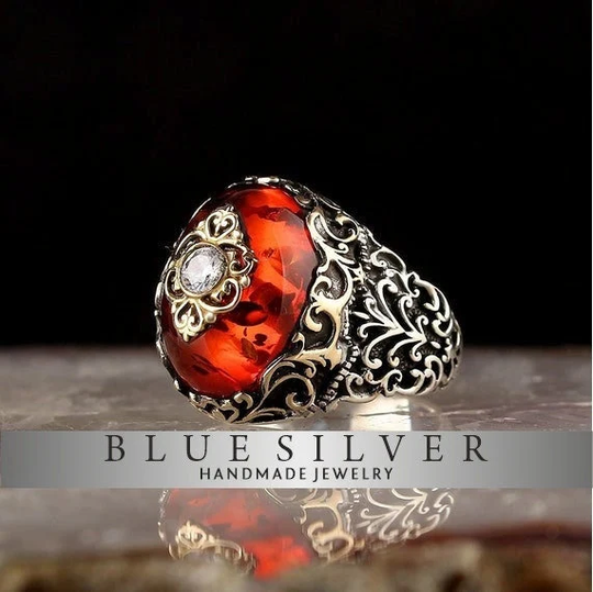Silver Men Ring, Amber Stone, Amber Ring 925K Mens Ring, Gem Stone, Handmade Jewelry Gift For Him & Her