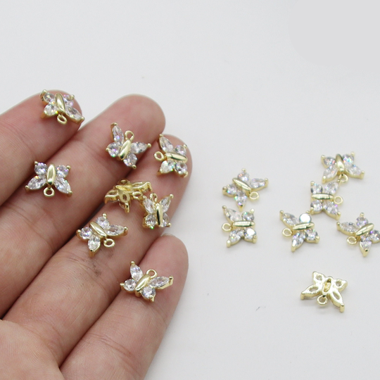6Pcs Real Gold Plated Butterfly Charms, Zircon Pendant, Dainty Charms, Tiny Pendant, Animal, Necklace Charm, Bracelet Charms