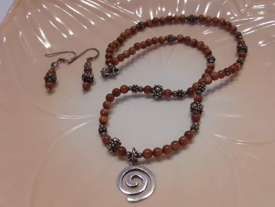 Gold Stone & Sterling Silver Bead Necklace Matching Pierced Wire Earrings Vintage Jewelry Set Great Gift