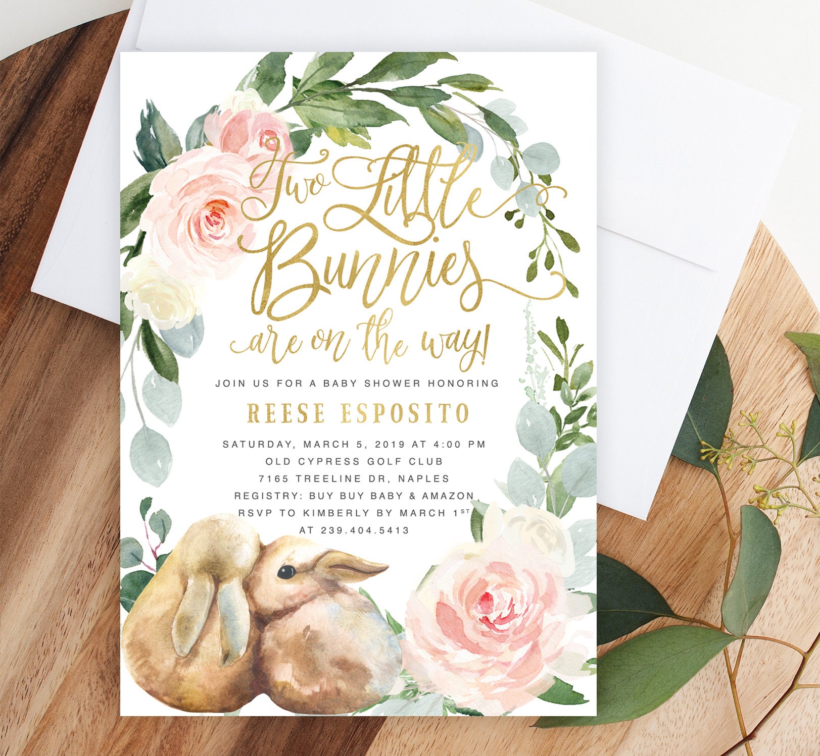 Twin Baby Shower Invitation, Girls Bunny Babies Invite - Pink Gold Reese