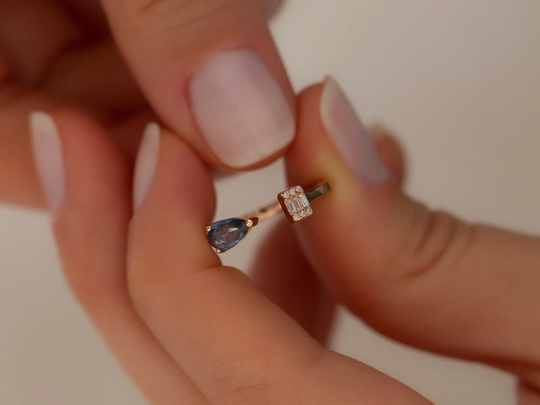 Natural Diamond Ring/14K Solid Gold Rose Blue Sapphire Pink Minimalist Jewelry