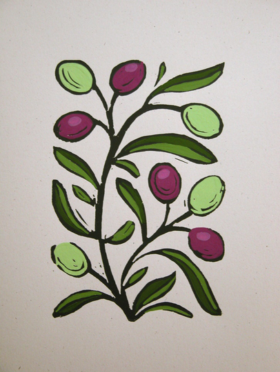 Olive Branch Gardening Art Block Print With Hand Painted Details On Recycled Card Stock Spring Botanical Home Decor