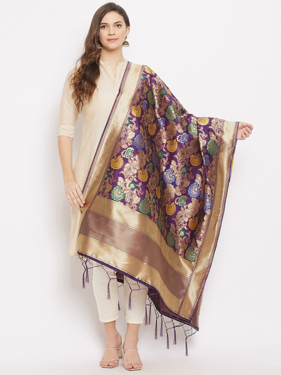Women's Silk Blend Purple & Gold-Toned Woven Design Dupatta Free Shipping