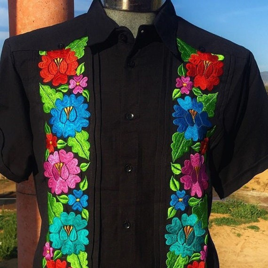 Presidential Style Black Guayabera Linen Fresh Wedding Men Beautiful Double Floral Embroidery Short Sleeve Button Down Mexico Elegant Unique