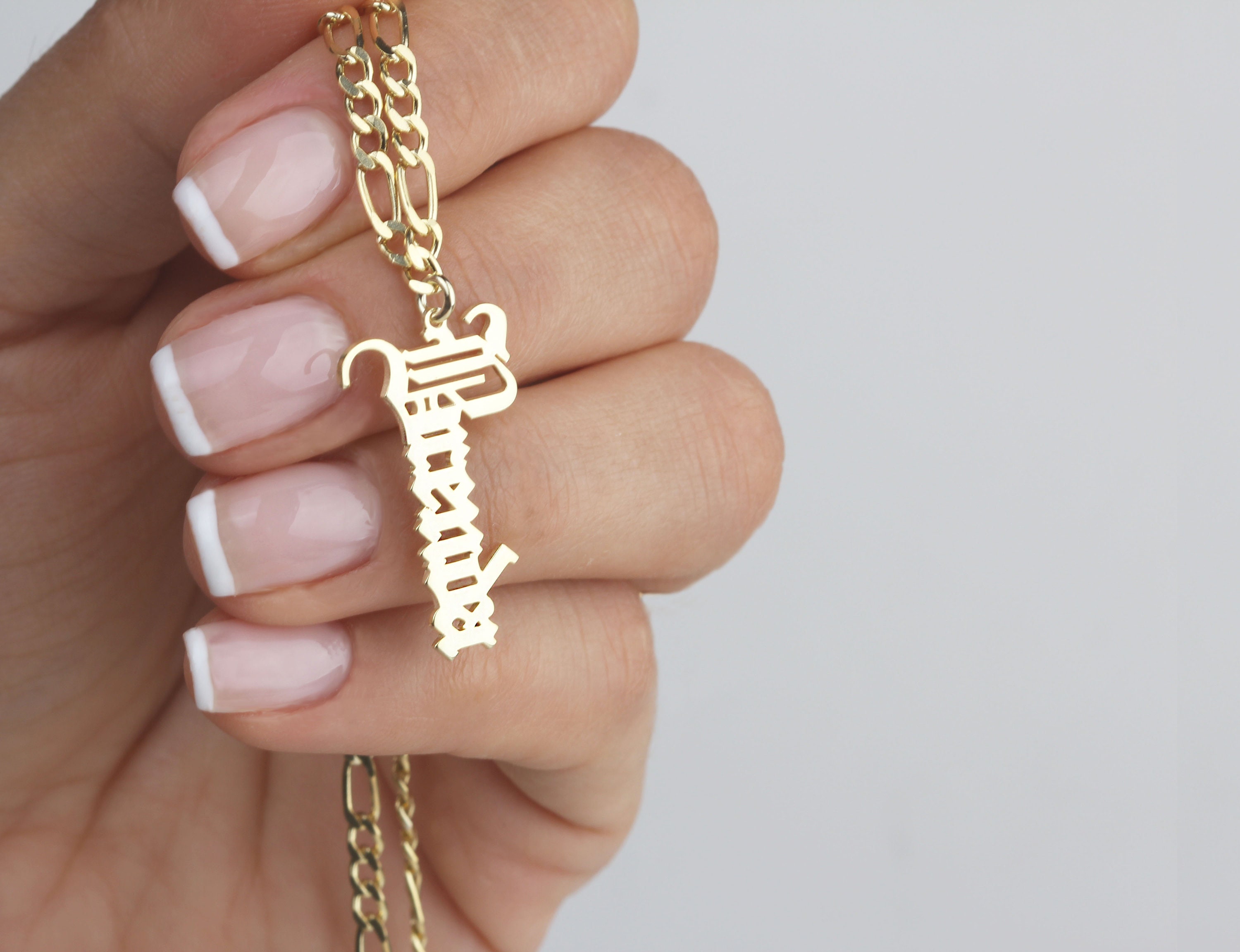 Silver Gothic Name Necklace Vertical Custom Figaro Chain Personalized