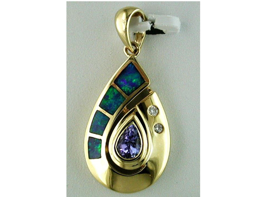 Estate .39Ct Diamond Aaa Tanzanite & Opal 14Kt Yellow Gold Tear Drop Fun Pendant
