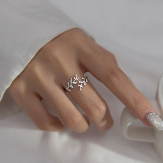 925 Sterling Silver Open Band Leaves Branch Wrap Ring, Cute Adjustable Fine Ring With Cubic Zirconia Stone, Dainty
