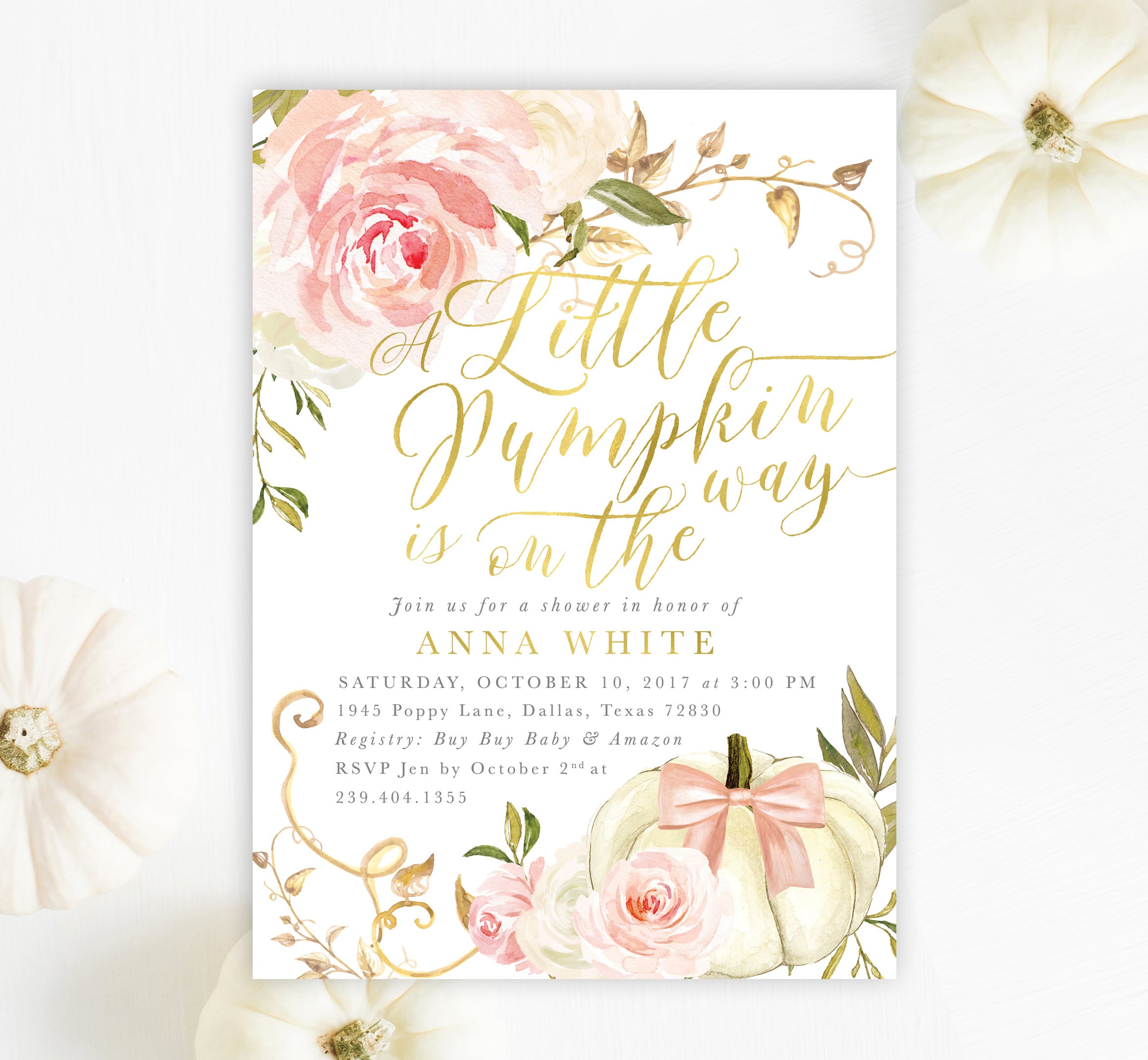Girl Fall Baby Shower Invitation, Pumpkin Invite, Little Is On The Way, Pink Roses - 11
