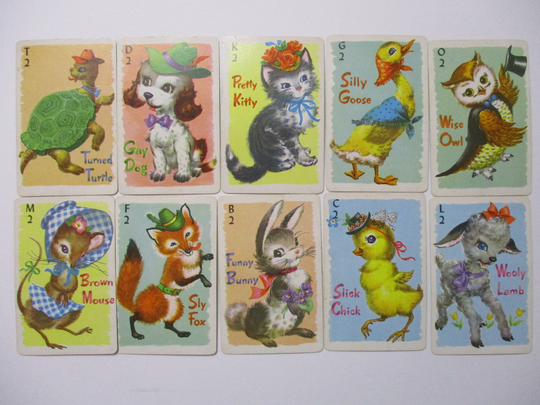 Vintage Childrens Playing Cards-Animal Rummy-Whitman-Kitten-Bunny-Chick-Lamb-Junk Journal-Scrap