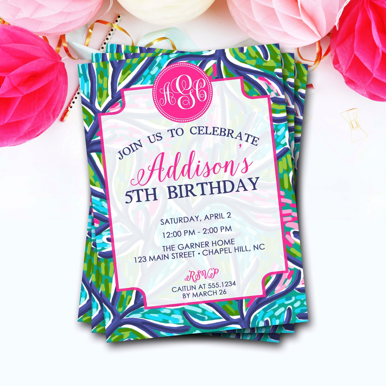 Floral Birthday Invitation, Monogram Birthday, Lilly Girl Invitation