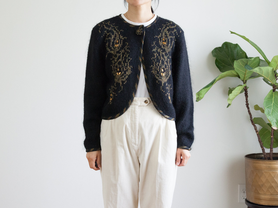 Hand Embroidered Black Mohair Wool Blend Cropped Cardigan/One Top Button Size M