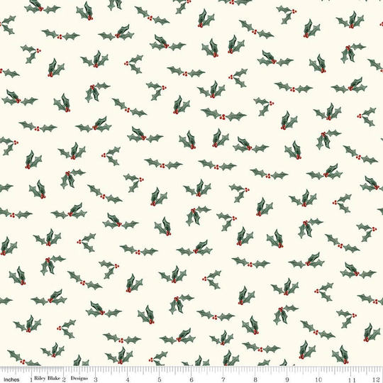 Holly Fabric, Farmhouse Christmas Riley Blake, Holly Berries in Cream, Christmas Greenery Holiday Blender, 100% Cotton