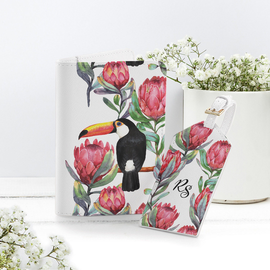 Cute Toucan Monogram Passport Holder Travel Set Floral Jungles Luggage Tag Print Custom Outstanding Document Organizer Cf4330