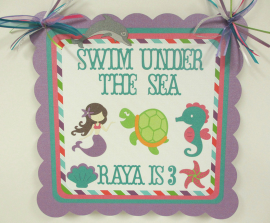 Mermaid Under The Sea Birthday Party Baby Shower Door Welcome Sign Pink Green Purple Aqua Turquoise Blue Teal Dolphin Turtle
