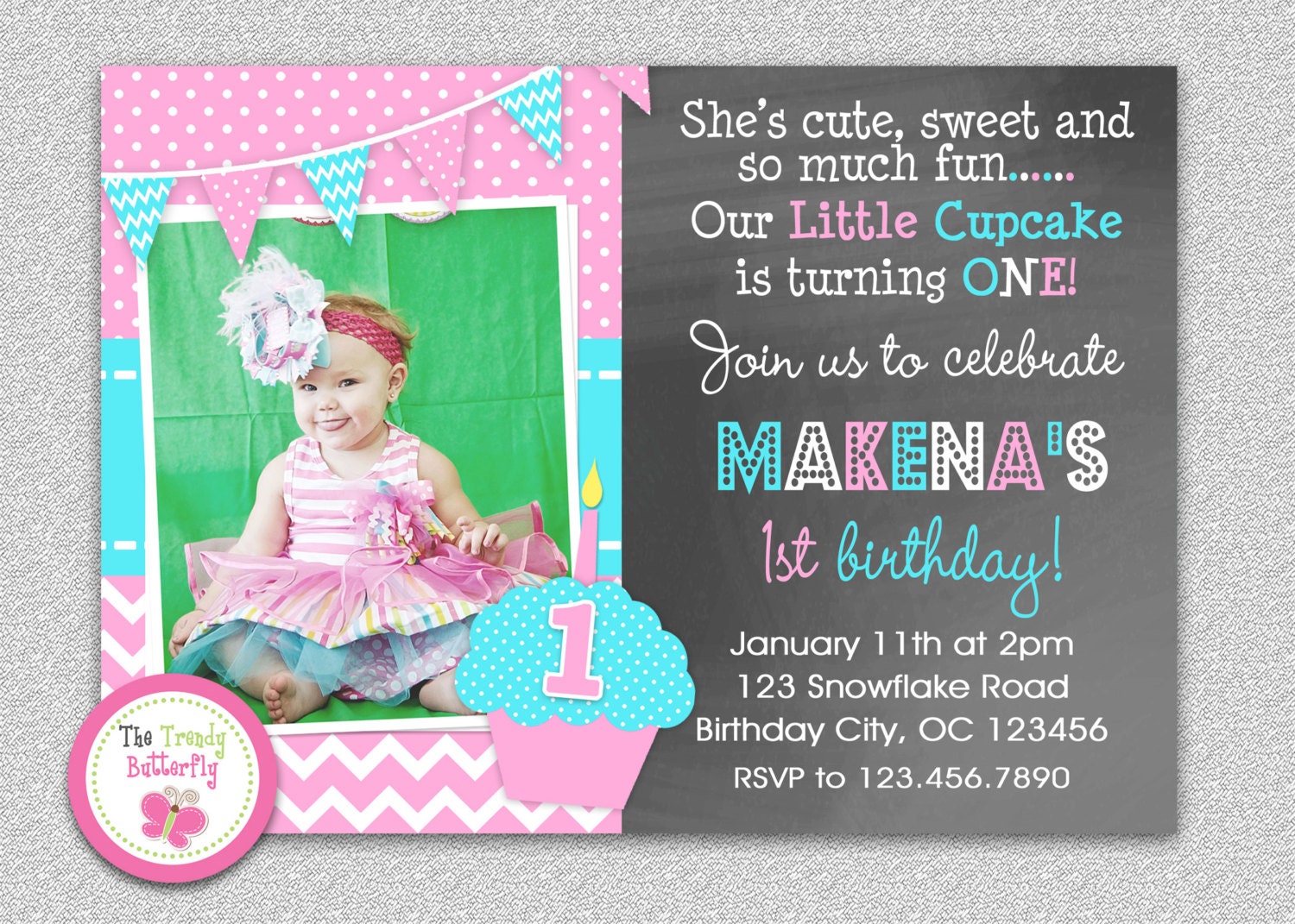 Cupcake Birthday Invitation , Girls Chevron Party Invitation, Chalkboard