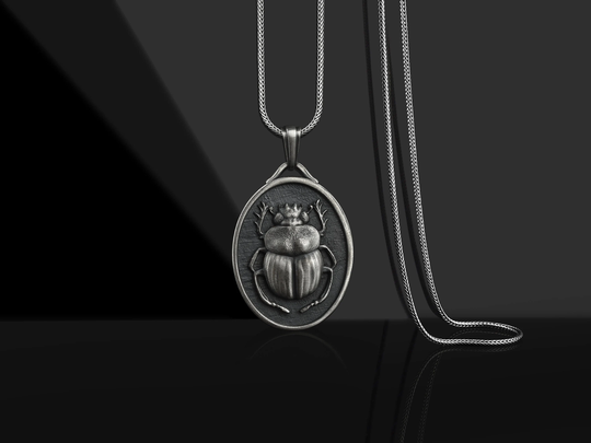 Silver Sterling Scarab Beetle Oval Medal Pendant, Egyptian Mythology Lover Gifts, Engraved Necklace For Men, Customizable Men Gift