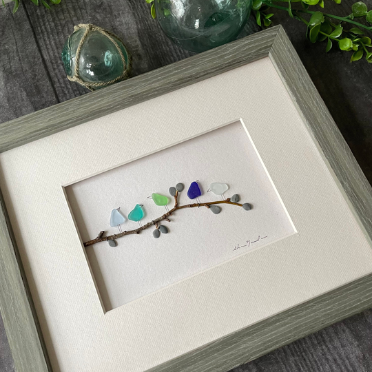8 By 10, Pebble & Sea Glass Art, Sharon Nowlan Original, Five Birds On A Branch, Family Of Five