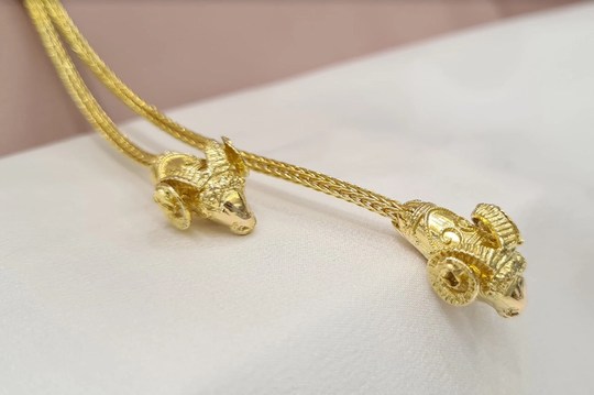 Two Ram Head Necklace 14K Yellow Gold Aries Zodiac Gift Coctail Jewelry Handmade Greek Necklace Gift For Her Animal