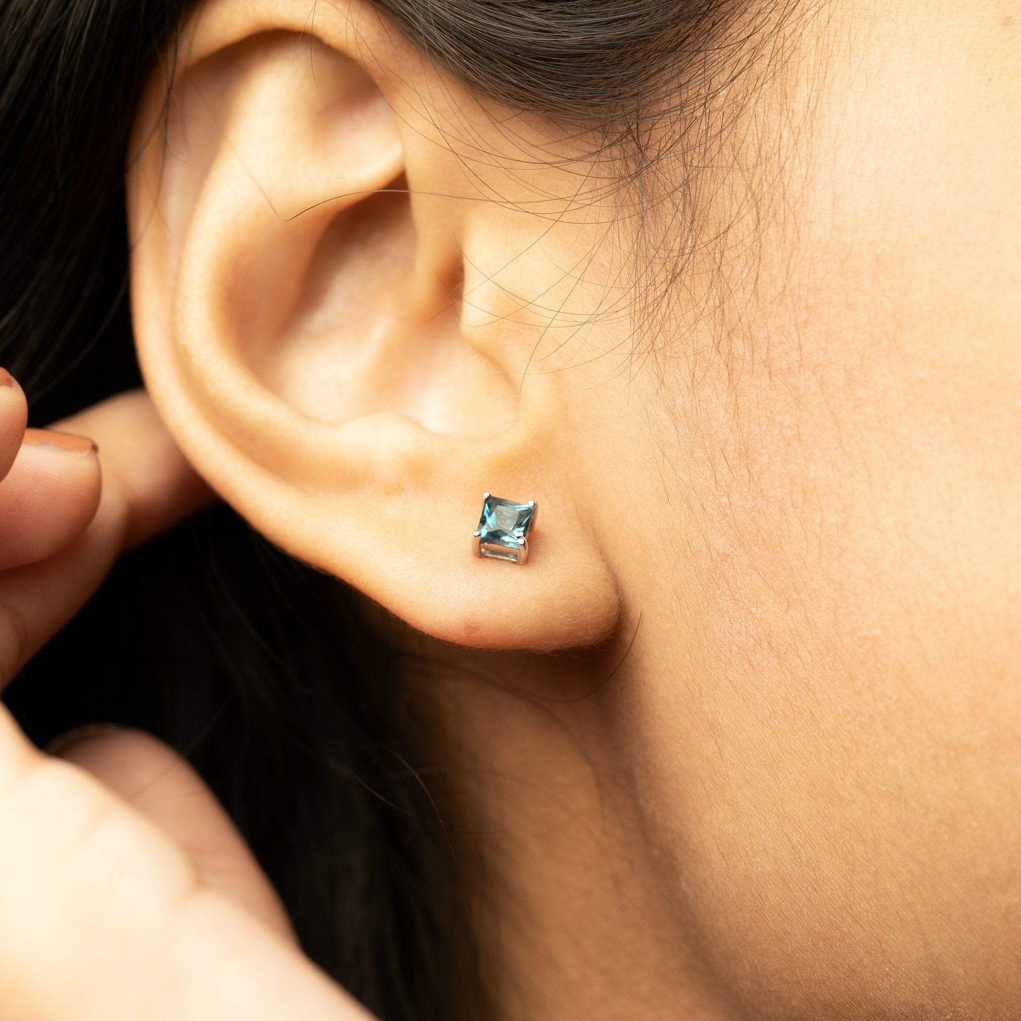 Princess Cut Stud Earrings, 1/2 Ct London Blue Topaz Solitaire Earring