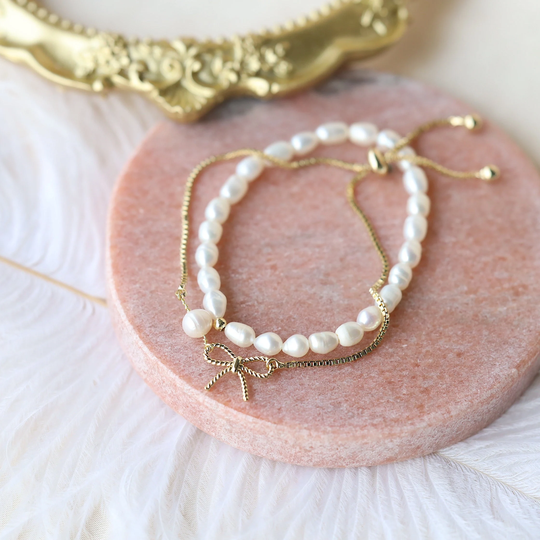 Set Of 2 Bracelet, Pearl Fresh Water Pearl Baroque Bracelet, Bow Bracelet Set, Famine