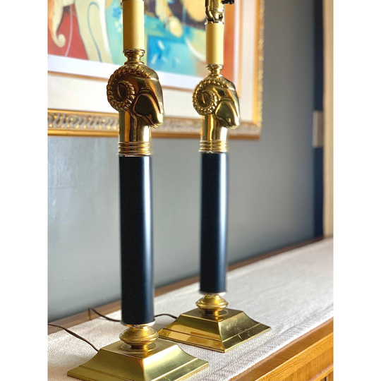 1970S Neoclassical/Regency Brass Ram Head Table Lamps, Modern Gothic Design Black & Gold, Vintage Buffet Pair Of Lamps