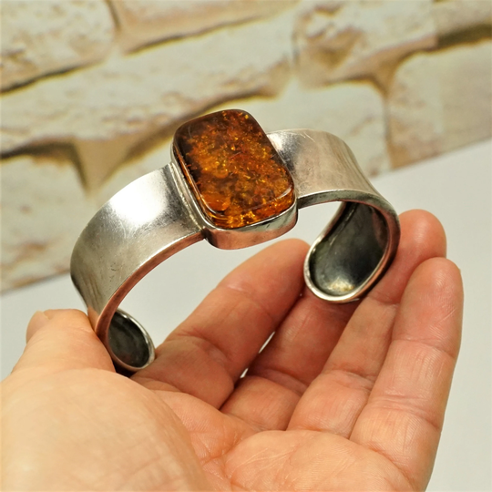 Honey Amber 925 Silver Wide Cuff Bracelet, Big Baltic Rectangular Amber Solid Sterling Silver Heavy Holiday Gift For Her