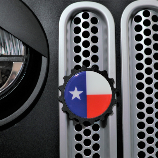 Aluminum Grille Trail Badge Fits Select Jeep Gladiator & 2007+ Wrangler With Inserts Size 3.75" Texas Flag Color