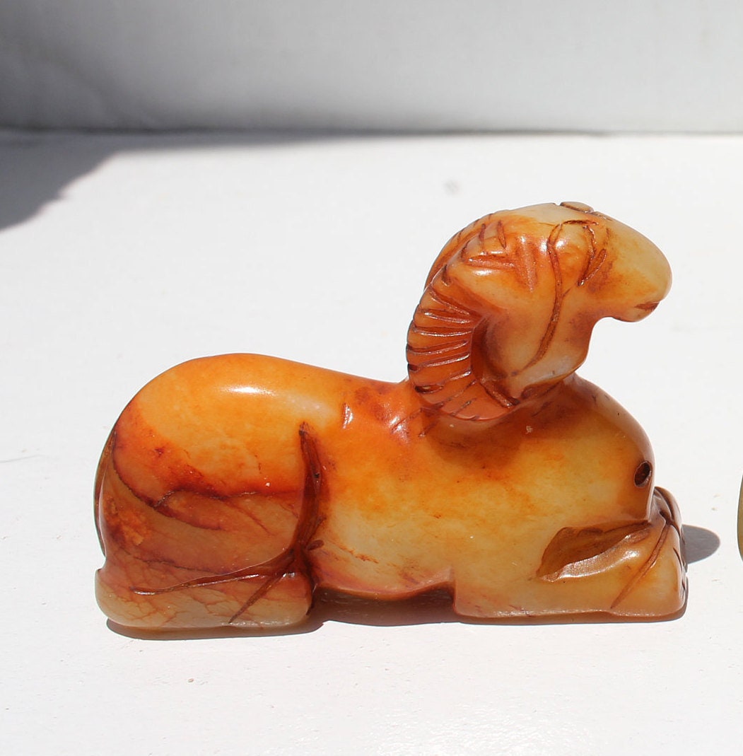 2 Carved Jade Ram Animal With Horns Ancient Asian Design Agate Rock Translucent Stone