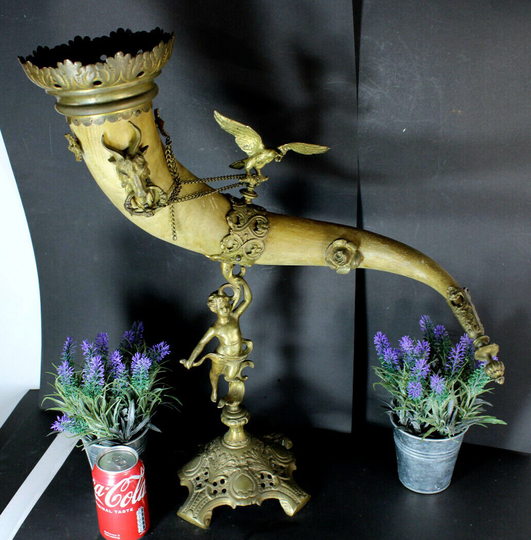 Antique Xl 19Thc Bronze Cornucopia Horn Ram Eagle Statue Putti Cherub