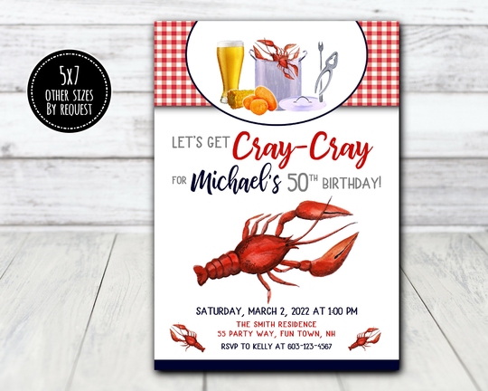 Crayfish Boil Birthday Invitation - 50Th Party Invite Crawfish Lobster Seafood Printable