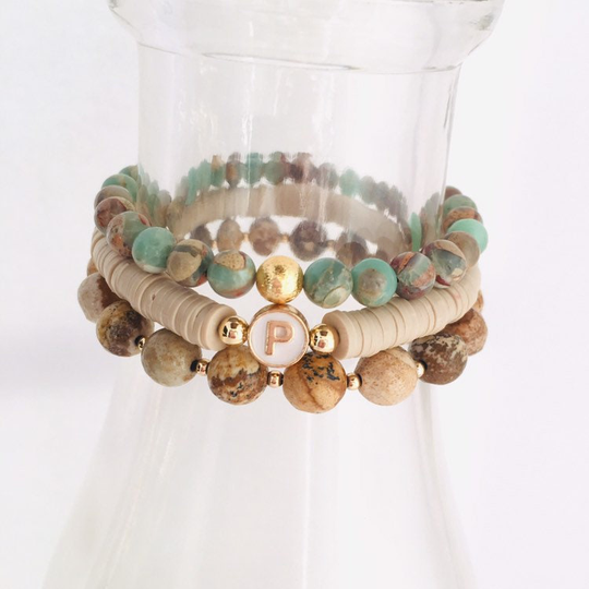 Enamel Initial Bead Bracelet Stack, Custom Bracelet, Personalized Picture Jasper Gift For Her, Aqua