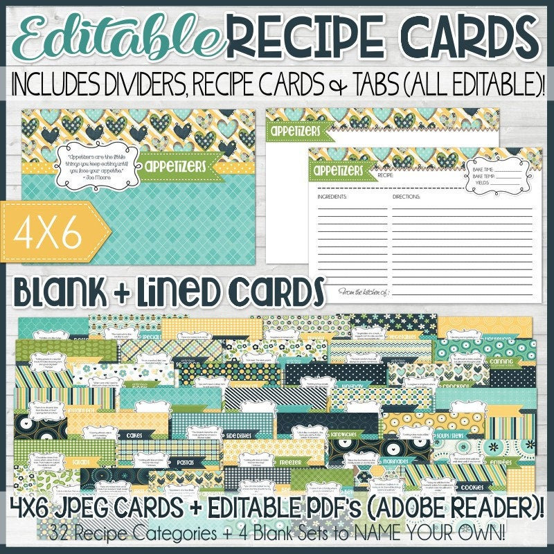 Editable Navy 4x6 Recipe Card Printables, Book, Kit, Printable Cards - Not Instant Download