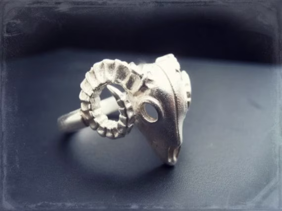 Ram Ring Sterling Silver - Ram's Head Jewelry Aries Occult Goat Ring Skull & Horns Pagan Jewel
