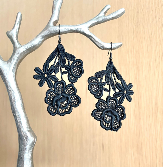 Black Flower Lace Earrings, Black Cotton French Textile Gift Earrings