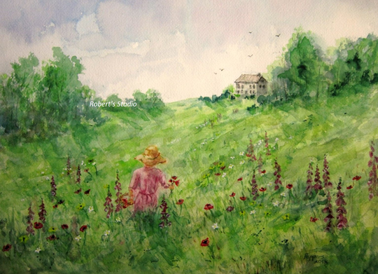 Watercolor Painting Archival Print, Landscape Painting, Picking Meadow Wildflowers, Nature Country Meadow, Summer Wildflower Field