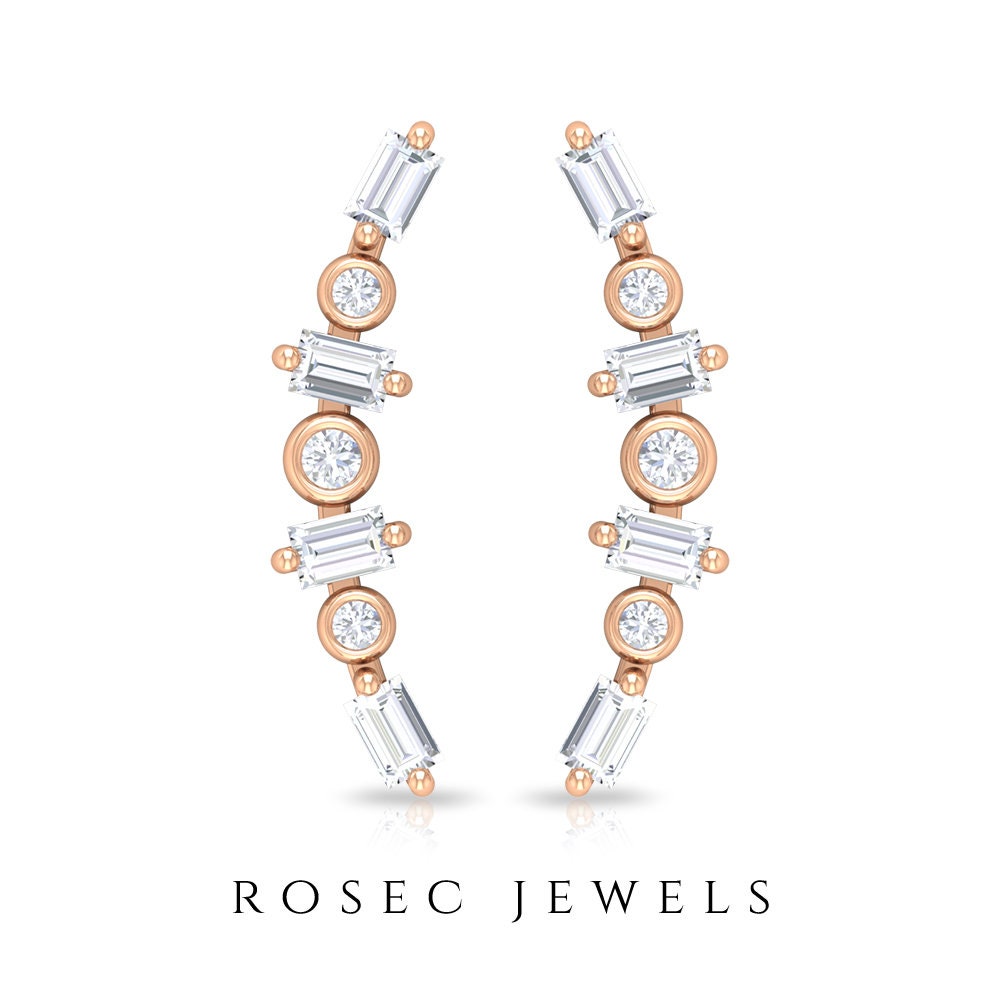 3/4 Ct Diamond Ear Climber Earrings, Curved Cartilage Piercing Jewelry