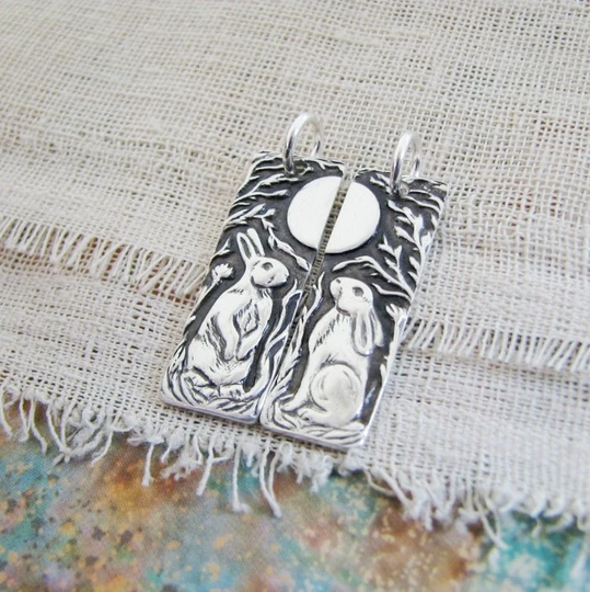 Personalized Pendant Set, One Moon No.2, Rabbits & Moon, Handmade Exclusive By Silverwishes