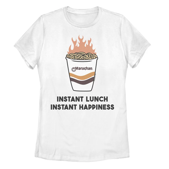 Juniors' Maruchan "Instant Lunch Instant Happiness" Cup On Fire Graphic Tee, Women's, Size: Large, White