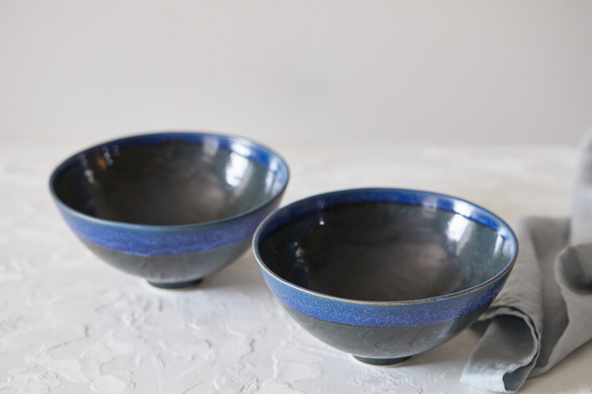 Dark Blue Two Tone Set Of 2 Ceramic Large Soup Bowls, Bowl Set, Pottery Handmade Dinner Salad Modern Serving Bowls