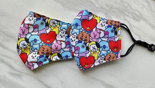 Adult & Kid Sizes Fabric Face Masks Three Layer Fabric With Filter Pocket in Bt21 Collage Print